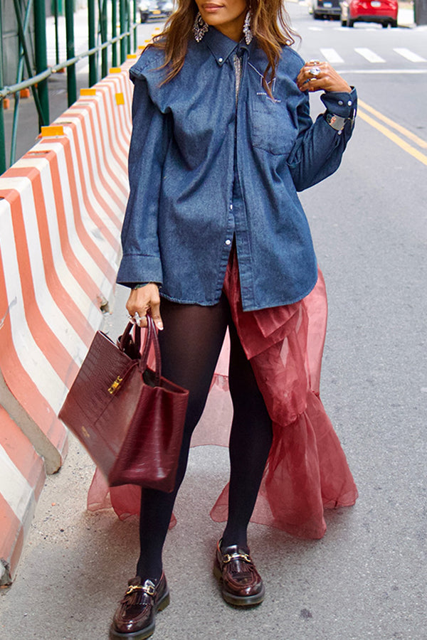 Casual Contrast Buttoned Long Sleeve Denim Shirt