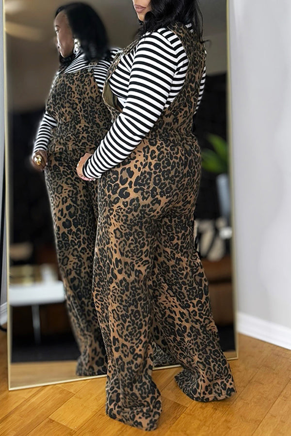 Fashionable Leopard Print Wide Leg Overalls