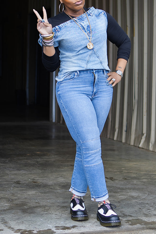 Fashionable Denim Patchwork Top & Jeans Set