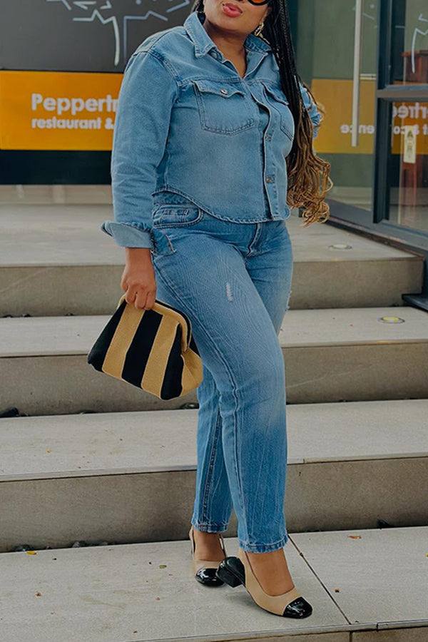 Casual Double Pocket Denim Shirt & Ripped Jeans Set