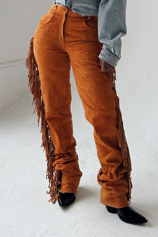 Western Style Side Fringed Suede Pants