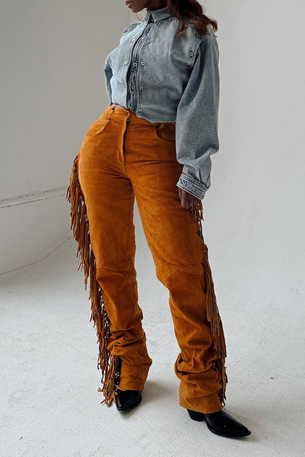 Western Style Side Fringed Suede Pants