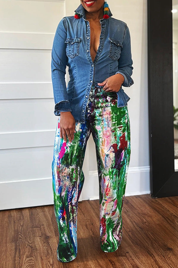 Spring Romance Abstract Painted Straight Jeans