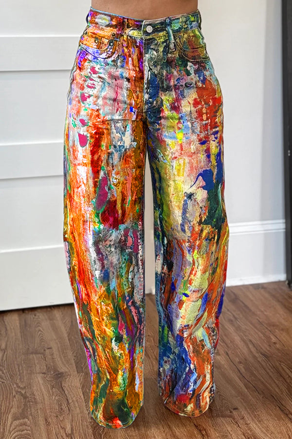 Spring Romance Abstract Painted Straight Jeans