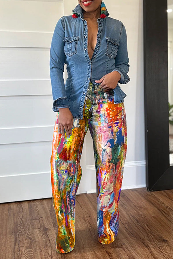 Spring Romance Abstract Painted Straight Jeans