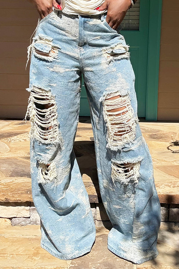 Street Fashion Distressed High Waist Wide Leg Jeans