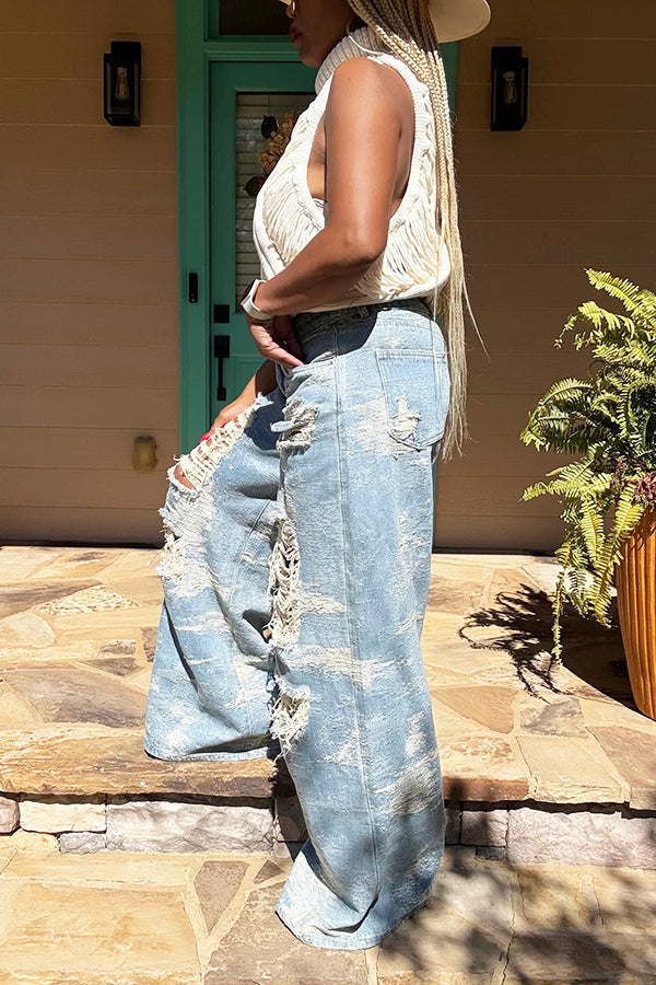 Street Fashion Distressed High Waist Wide Leg Jeans