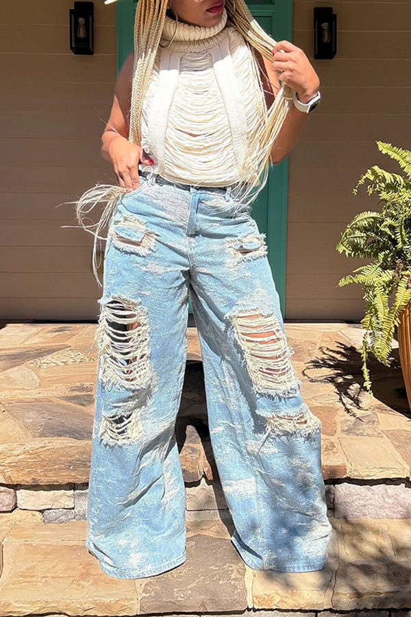 Street Fashion Distressed High Waist Wide Leg Jeans