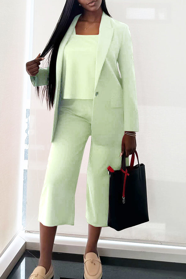 Casual Urban Solid Blazer & Cropped Pants Three Piece Set