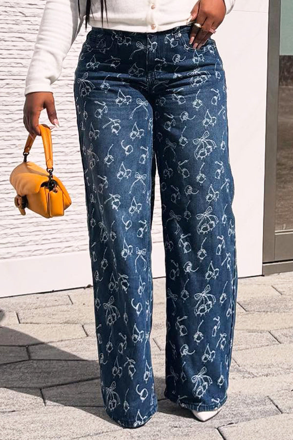 Stylish Bow Print Straight Jeans