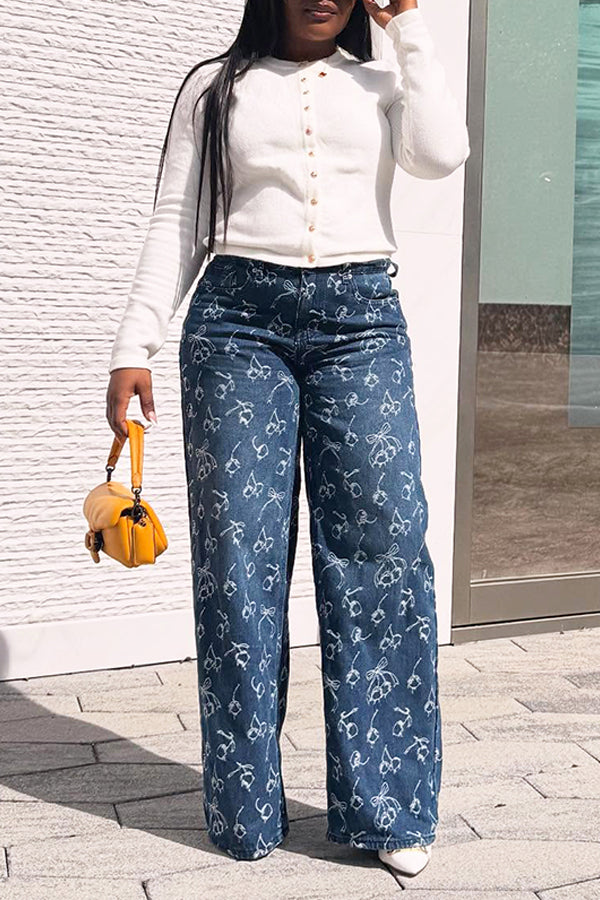 Stylish Bow Print Straight Jeans