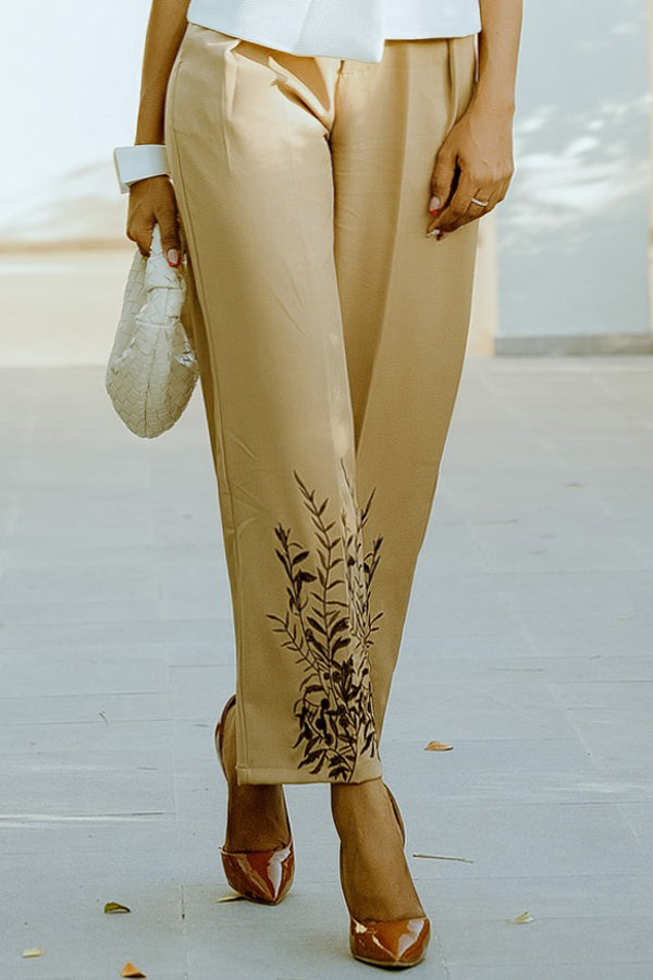 Casual Pleated Waist Embroidered Design Pants