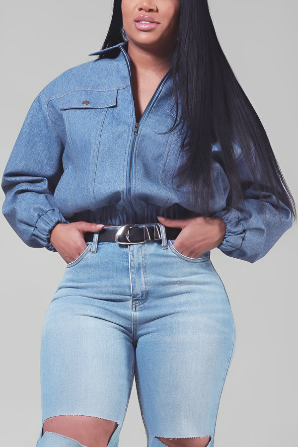 Shirt Collar Lantern Sleeve Denim Top