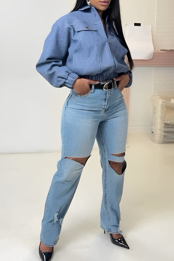 Shirt Collar Lantern Sleeve Denim Top