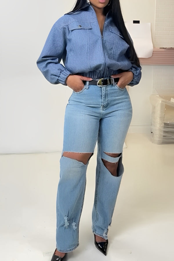 Shirt Collar Lantern Sleeve Denim Top