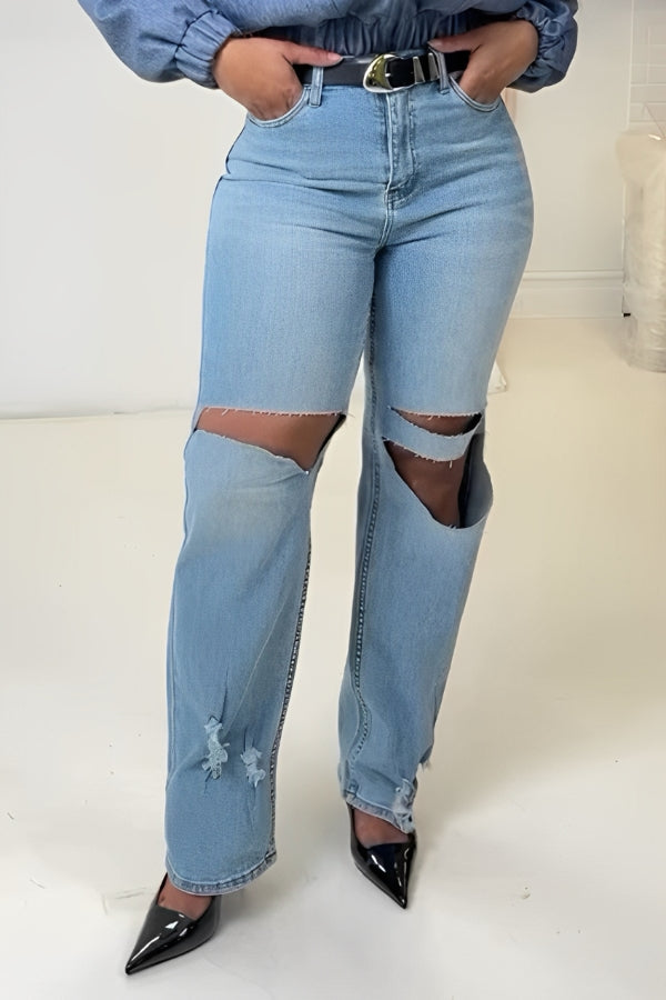 Street Versatile Light Washed Ripped Jeans