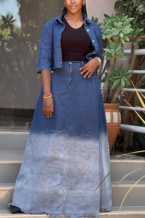 Chic Mid Sleeve Denim Shirt & Gradient Denim Skirt Set