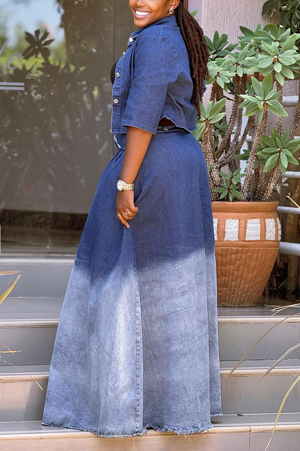 Chic Mid Sleeve Denim Shirt & Gradient Denim Skirt Set