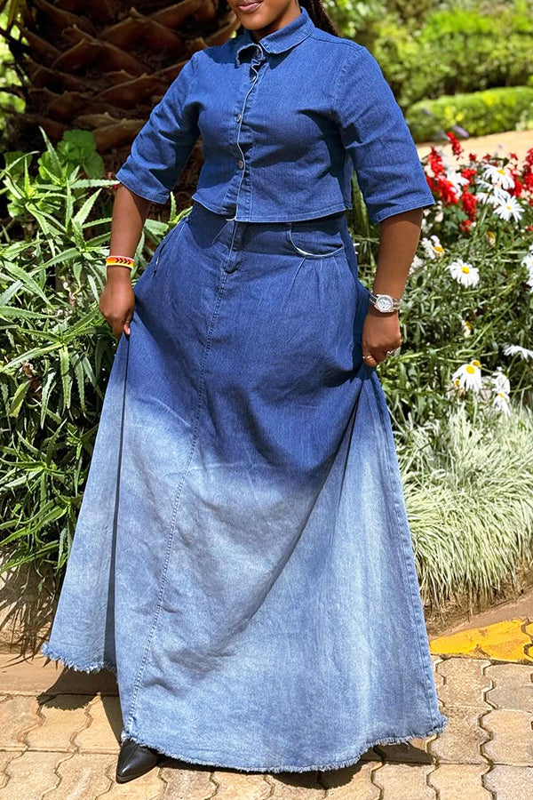 Chic Mid Sleeve Denim Shirt & Gradient Denim Skirt Set