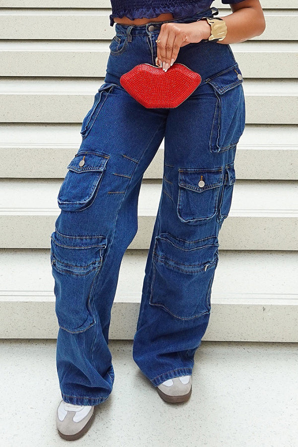 Casual Multi Pockets High Waisted Jeans