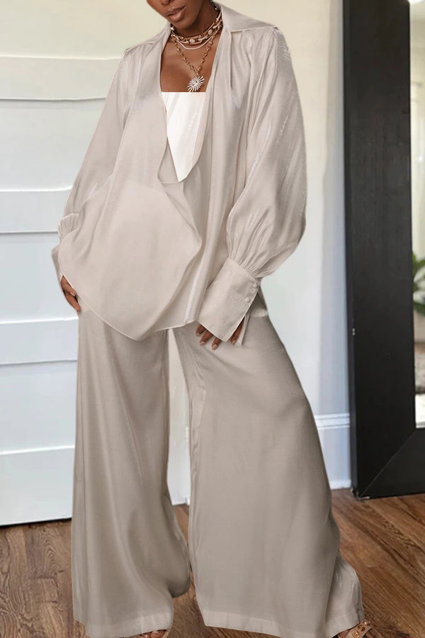 Fashion Draped Collar Shirt & Satin Wide Leg Pants Set