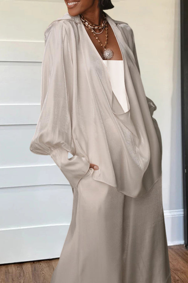 Fashion Draped Collar Shirt & Satin Wide Leg Pants Set