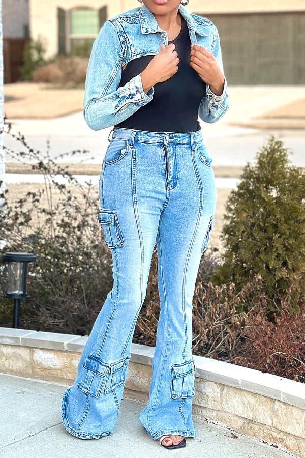 Casual Denim Cropped Top & Flared Pants Set