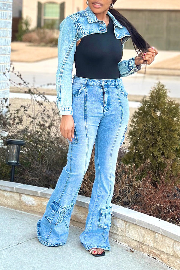 Casual Denim Cropped Top & Flared Pants Set