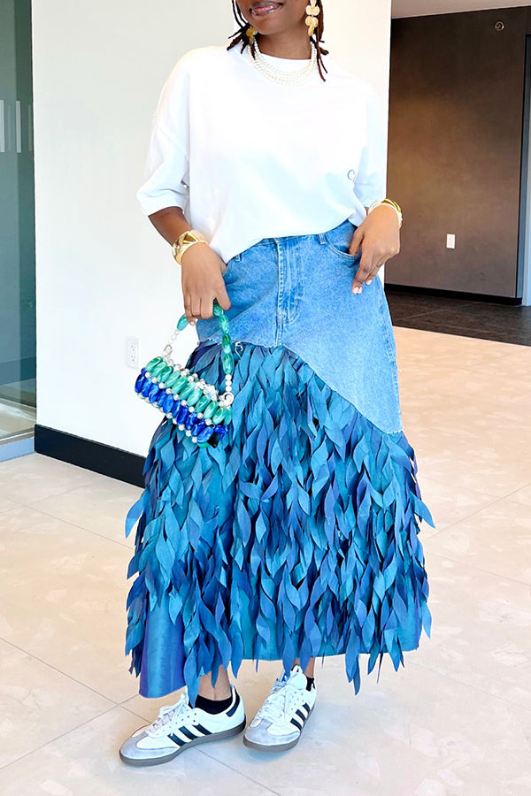 Feather Patchwork Pockets Design Denim Skirt