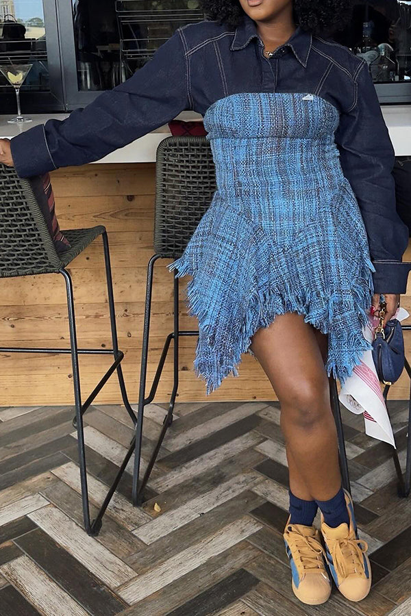 Long Sleeve Denim Patchwork Irregular Mini Dress