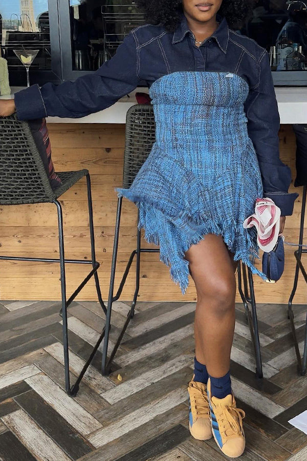 Long Sleeve Denim Patchwork Irregular Mini Dress