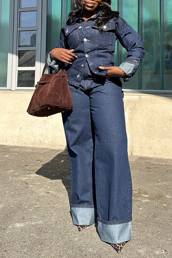 Casual Denim Shirt & Rolled Up Wide Leg Jeans Set