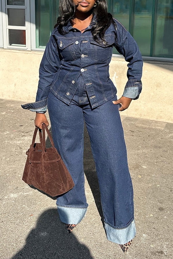 Casual Denim Shirt & Rolled Up Wide Leg Jeans Set