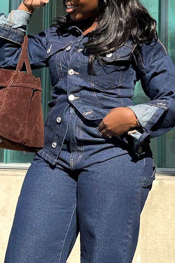 Casual Denim Shirt & Rolled Up Wide Leg Jeans Set