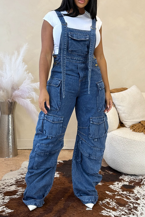 Street Multi Pocket Washed Workwear Denim Overalls