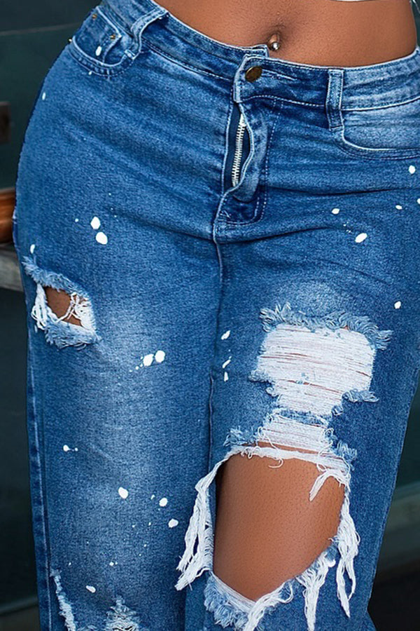 Washed Raw Edge Ripped Ink Splashed Design Jeans