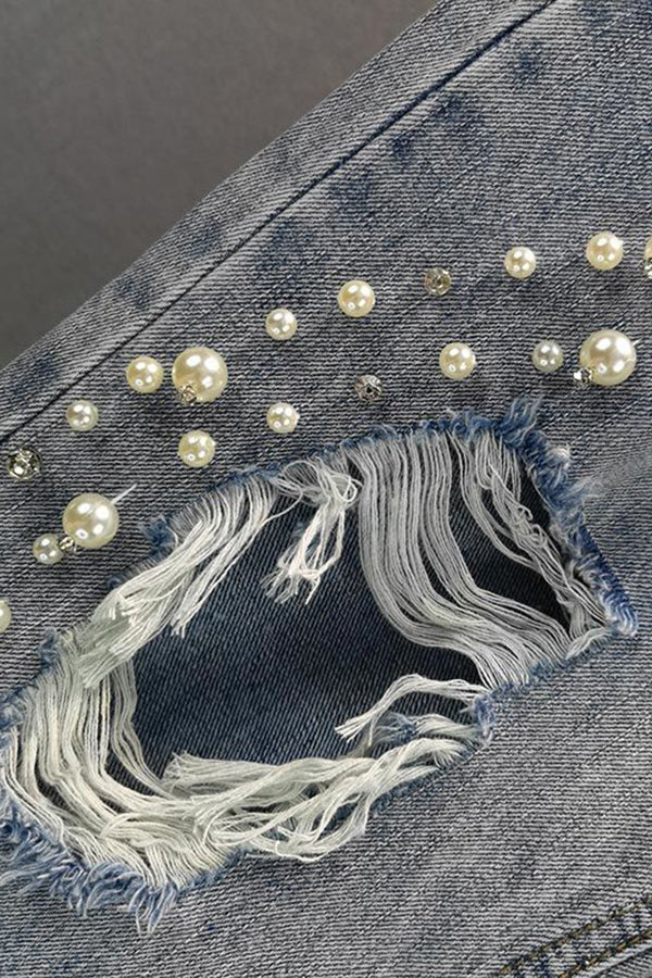 Stylish Pearl Rhinestone Drop Crotch Jeans