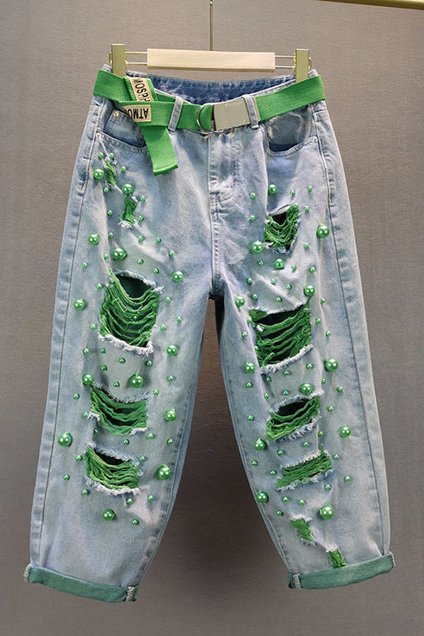 Stylish Ripped Pearl Drop Crotch Jeans