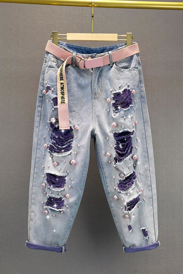 Stylish Ripped Pearl Drop Crotch Jeans