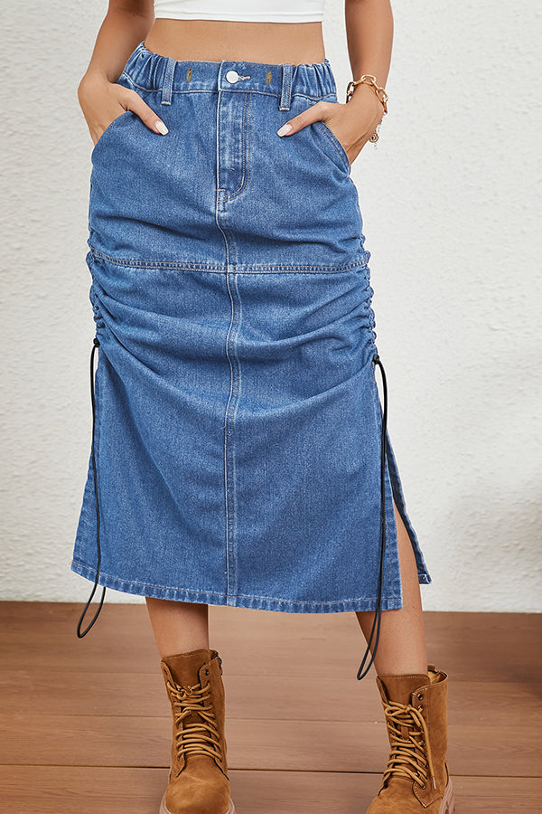 Stylish Drawstring Runched Slant Pocket Skirt