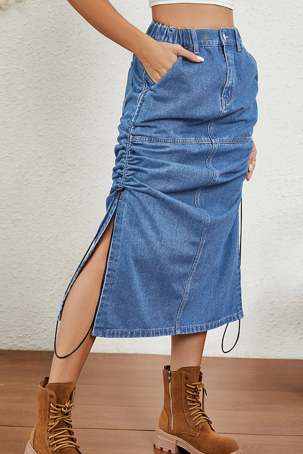 Stylish Drawstring Runched Slant Pocket Skirt