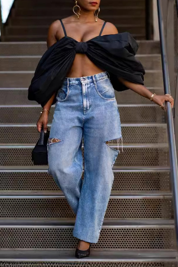 Streetwear Ripped Straight Leg Denim Jeans