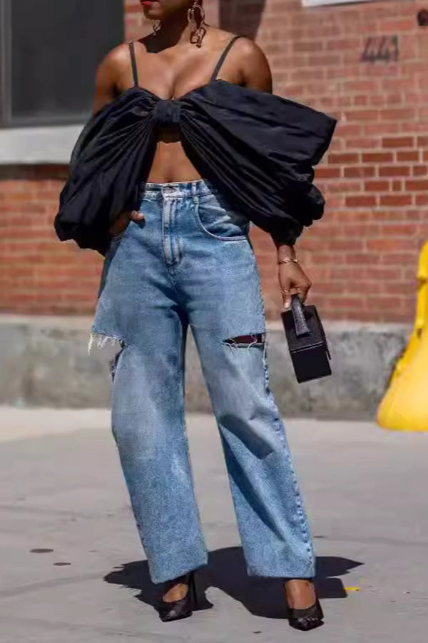 Streetwear Ripped Straight Leg Denim Jeans