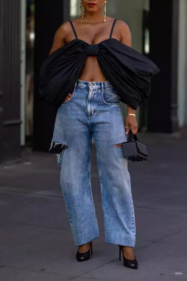 Streetwear Ripped Straight Leg Denim Jeans