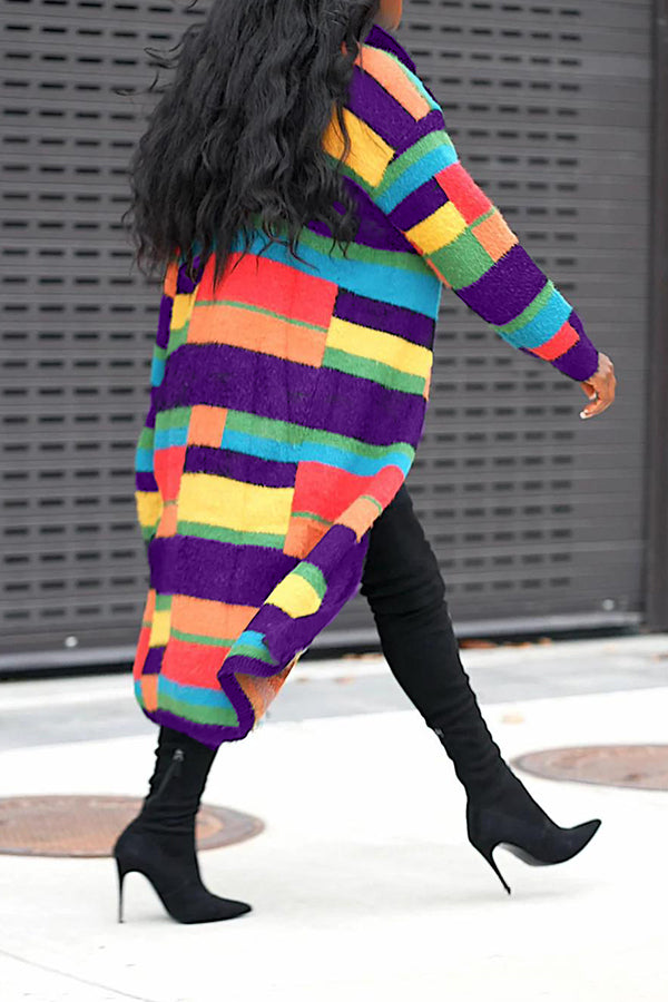 Fashionable Rainbow Striped Lapel Long Cardigan