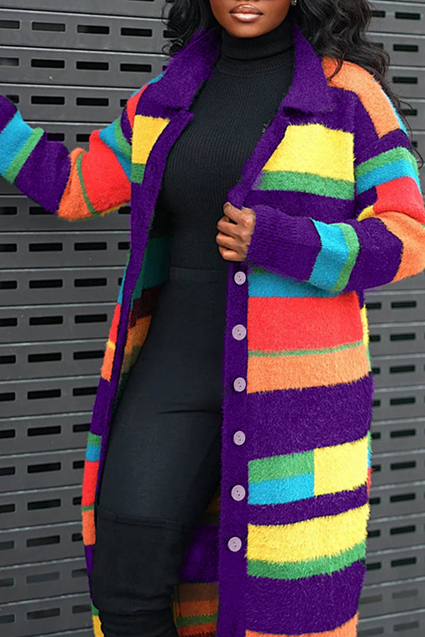 Fashionable Rainbow Striped Lapel Long Cardigan