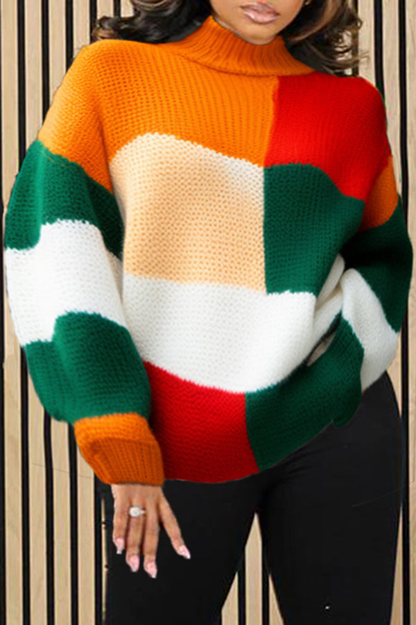 Casual Contrast Patchwork Turtleneck Sweater