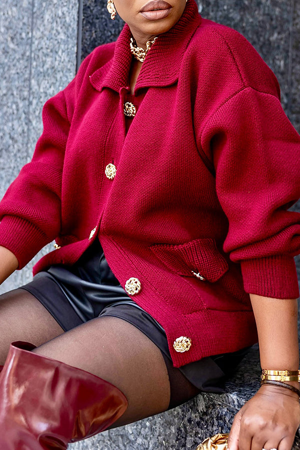 Stylish Lapel Metal Button Cardigan