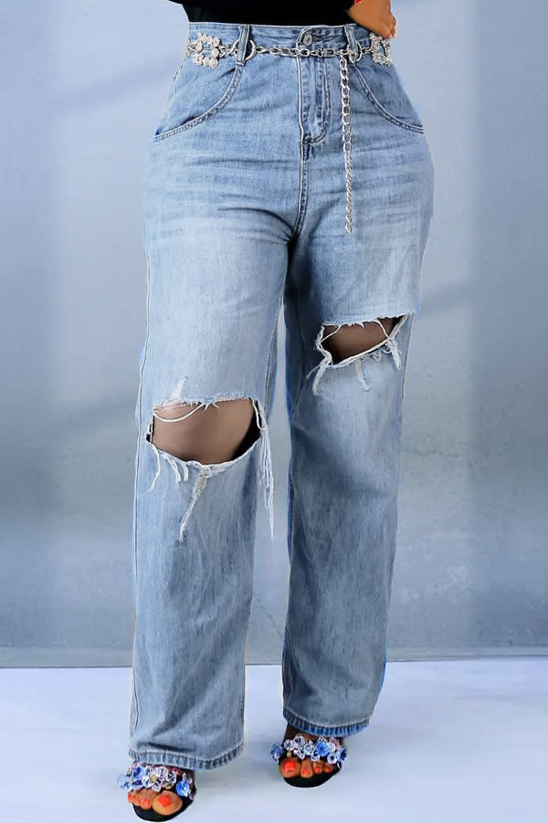 Street Washed Distressed Ripped Straight Jeans