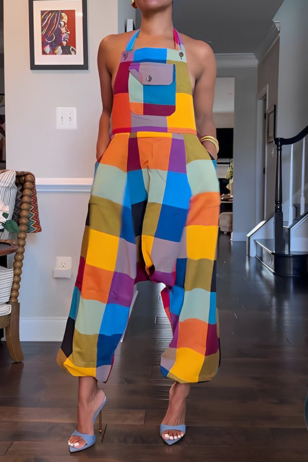 Summer Colourful Colorblock Drop Crotch Overalls